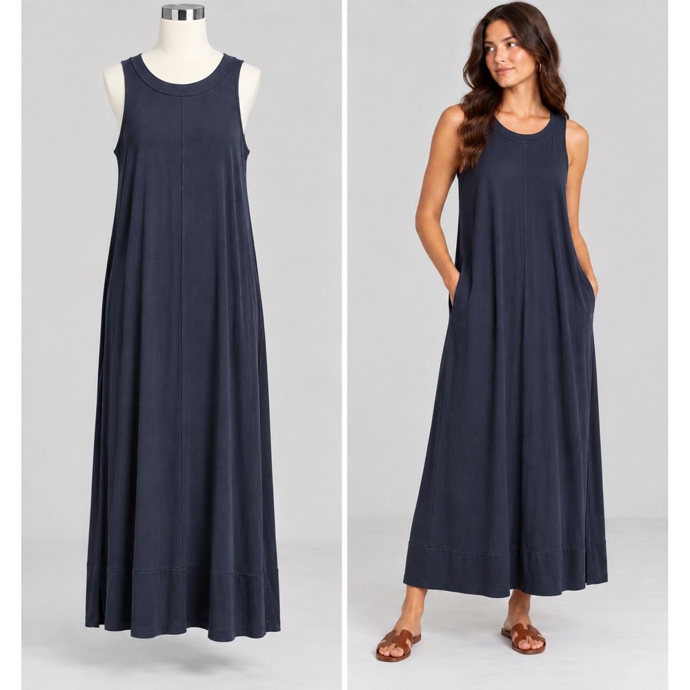 J. Jill Maxi Dress Women Small Navy Sleeveless Pockets Casual Minimalist Chic